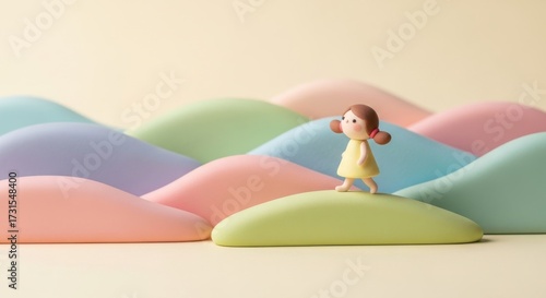 A girl in a yellow dress is walking on a hill