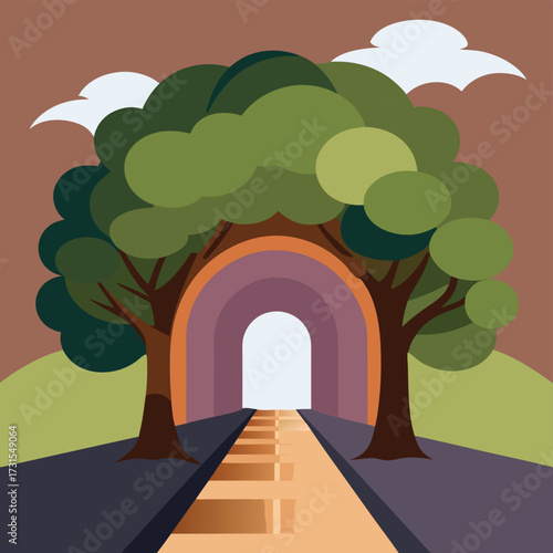 tree formed arch tunnel over pathway .eps