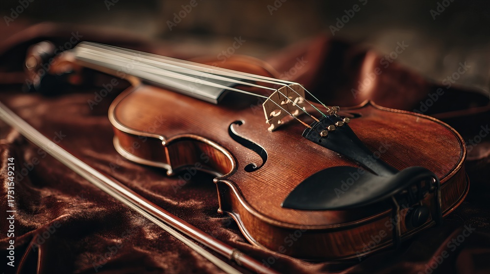 Fototapeta premium A beautifully crafted wooden violin resting on a rich, textured fabric, highlighting its elegant curves and intricate details.