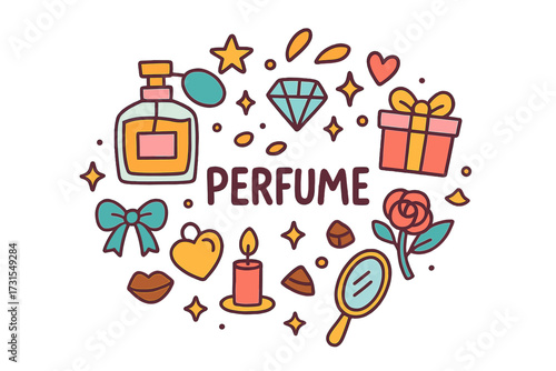 Perfume-Themed Doodle Art. Perfume. Hand-drawn doodle illustration of Perfume. Perfume bottle, atomizer