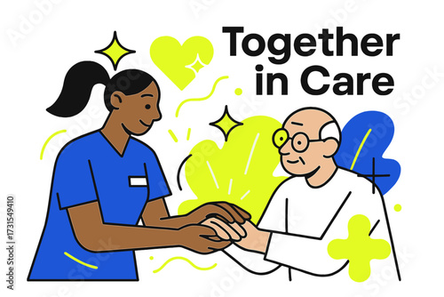 Together in Care. Healthcare Partnership. Nurse holding patient’s hand, abstract glowing shapes of support