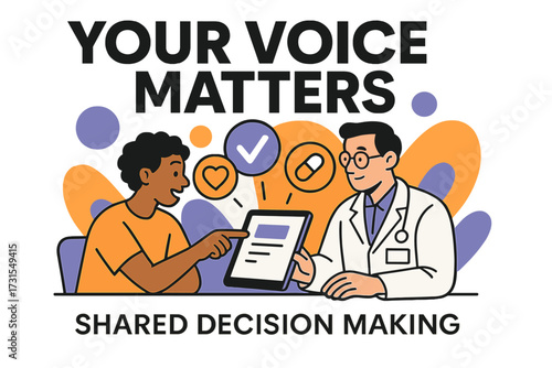 Informed Patient Choices. Shared Decision Making. Patient pointing at tablet screen with doctor, glowing icons