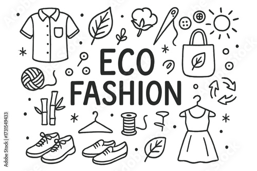 Eco Fashion Doodle Art. Eco Fashion. Hand-drawn doodle illustration of Eco Fashion. Shirt, leaf, cotton plant,