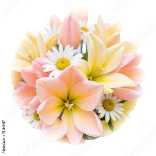 Beautiful arrangement of pink lilies and white daisies in a joyful spring bouquet