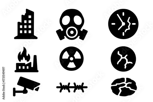 Dystopian Icon Set. Dystopian world. Filled icon set of Dystopian world: ruined skyscraper, gas mask, broken