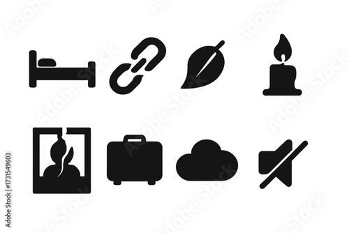 Symbols of Loss. Loss. Filled icon set of Loss: empty bed, broken chain, falling leaf, extinguished candle,