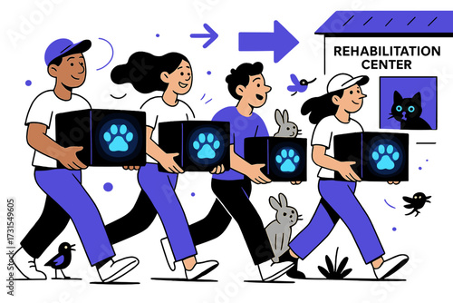 Animal Rescue Teamwork. Teamwork in rescue. Group of volunteers carrying crates with glowing paw prints,