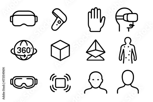 Virtual Reality Icon Set. Virtual reality. Line outline icon set of virtual reality: VR headset, controller,