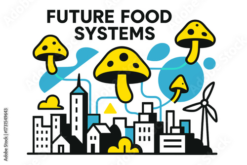 Glowing Mushroom Skyline. Future Food Systems. Abstract city skyline with glowing mushroom icons hovering
