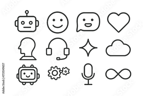 AI Companion Icon Set. AI companions. Line outline icon set of AI companions: robot head, smiling face,