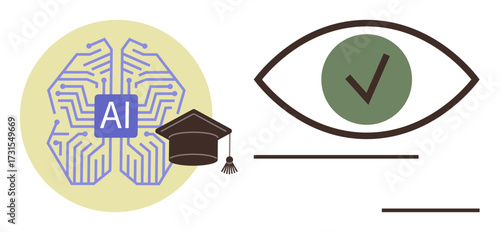 Brain symbol with AI text, graduation cap representing learning, and eye with checkmark for accuracy. Ideal for technology, education, AI training, research, innovation, data analysis validation