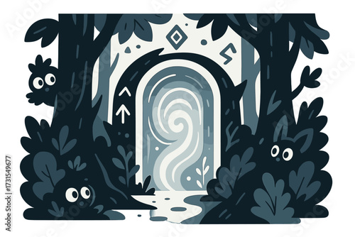 Mystical Forest Portal. Hidden forest realm. A glowing doorway between trees with swirling light, small