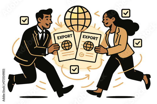 Dynamic Document Exchange. Export documents. Businessman and woman exchanging glowing papers with country