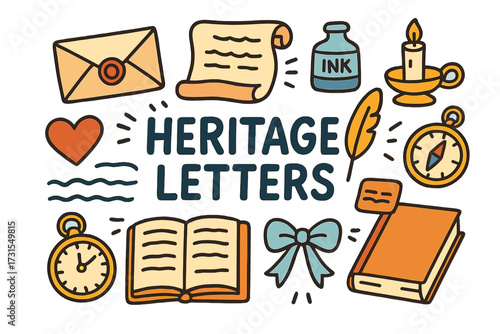 Heritage Letters Ensemble. Heritage Letters. Hand-drawn doodle illustration of Heritage Letters. Old envelope,