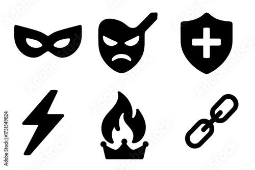Heroes vs Villains Icons. Heroes and villains. Filled icon set of Heroes and villains: superhero mask, villain