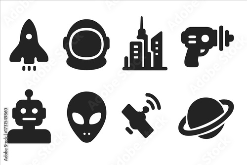 Sci-Fi Icon Set. Sci-fi world. Filled icon set of Sci-fi world: spaceship, astronaut helmet, futuristic city,