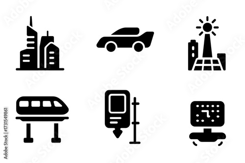 Futuristic City Icons. Futuristic cities. Filled icon set of Futuristic cities: skyscraper, flying car, energy