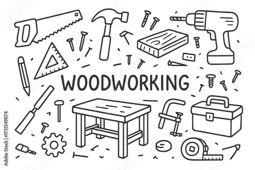 Woodworking Doodle Illustration. Woodworking. Hand-drawn doodle illustration of Woodworking. Saw, hammer, wood