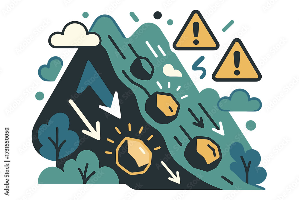 Fototapeta premium Dynamic Landslide Scene. Landslide danger. Mountainside collapsing with glowing rock icons rolling downward.