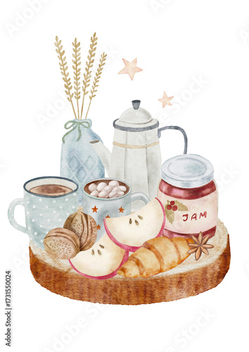Ready-made digital watercolor composition of a breakfast tray with hot drinks, croissants, and fruit. Ideal for cozy morning designs, kitchen prints, and cafe menus. PNG with transparent background.