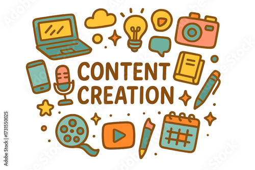 Creative Content Tools. Content Creation. Hand-drawn doodle illustration of Content Creation. Laptop,