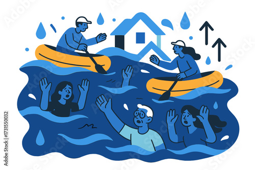 Rescue Amid Rising Waters. Flood emergency. Rising blue waves covering houses while glowing rescue boats float