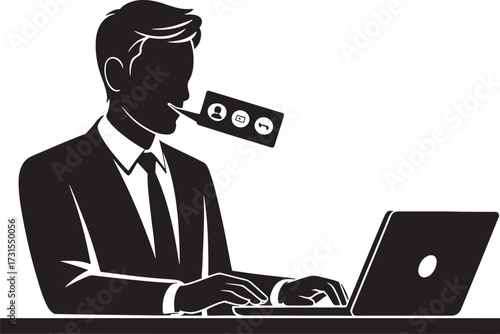 Businessman with money in mouth working on laptop