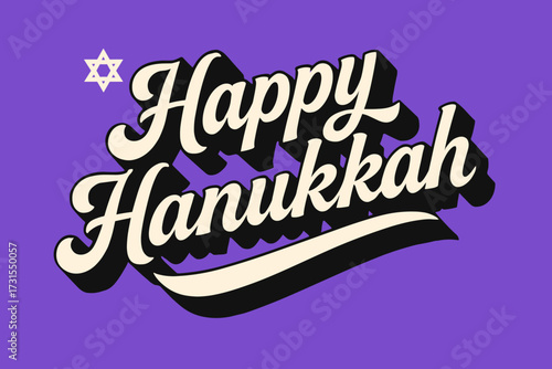 Retro Hanukkah Calligraphy. “Happy Hanukkah”. retro calligraphy, dynamic curves, strong angled 3D shadow,