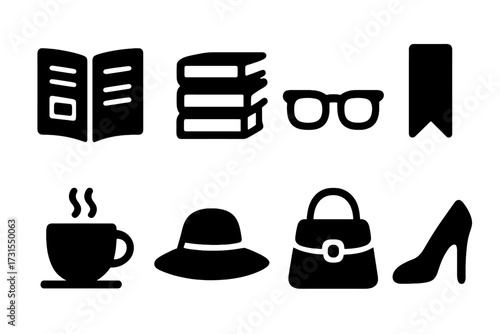 Fashion Reading Icons. Fashion reading. Filled icon set of Fashion reading: open magazine, stack of books,