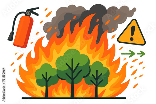 Dynamic Wildfire Illustration. Wildfire spread. Flames glowing with smoke rising above trees, arrows showing