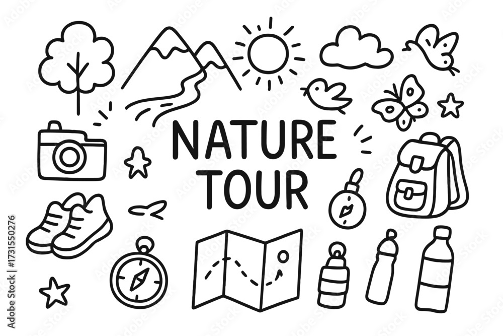 Obraz premium Nature Tour Doodles. Nature Tour. Hand-drawn doodle illustration of Nature Tour. Tree, mountain, river, sun,