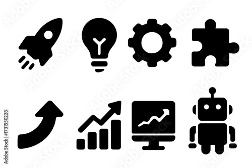 Innovation Icon Set. Innovation at work. Filled icon set of Innovation at work: rocket, light bulb, gear,