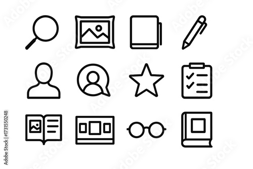 Art Criticism Icons. Art criticism. Line outline icon set of art criticism: magnifying glass, framed art,