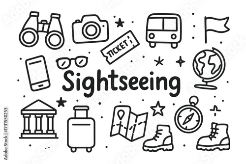 Sightseeing Doodle Art. Sightseeing. Hand-drawn doodle illustration of Sightseeing. Binoculars, camera, bus,