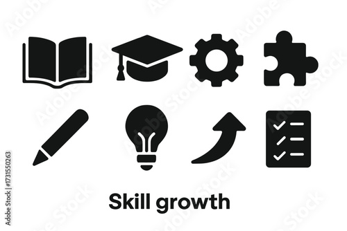 Skill Growth Icons. Skill growth. Filled icon set of Skill growth: open book, graduation cap, gear, puzzle