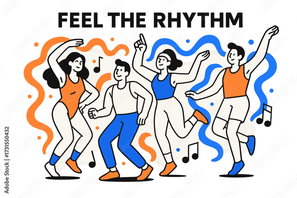 Obraz premium Energetic Dance Vibrations. Aerobics Energy. Group of people dancing with glowing abstract waves and music