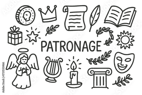 Patronage Doodle Icons. Patronage. Hand-drawn doodle illustration of Patronage. Coin, crown, scroll, book,
