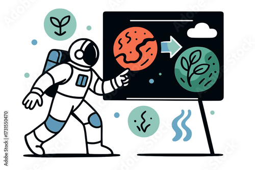 Transforming Mars Vision. Terraforming concepts. Astronaut presenting glowing charts with arrows turning Mars