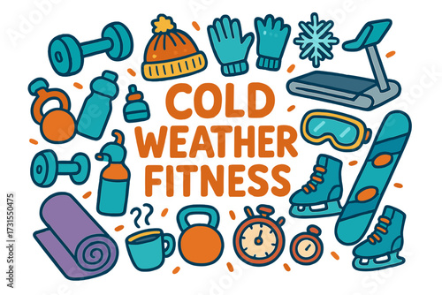 Cold Weather Fitness. Cold Weather Fitness. Hand-drawn doodle illustration of Cold Weather Fitness. Dumbbells,