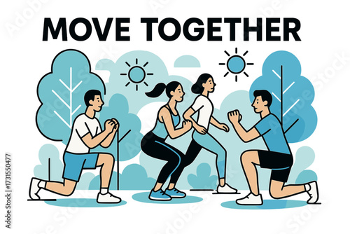 Energetic Park Workout. Outdoor Fitness. Group training in park with glowing abstract trees and sun icons,