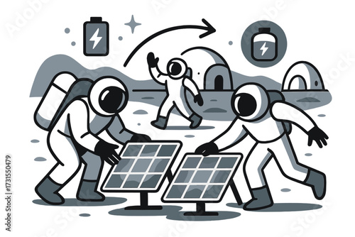 Martian Solar Setup. Energy supply. Astronauts setting up glowing solar farms on Martian surface, arrows