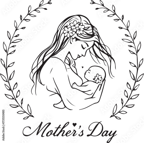 Print Mother holding baby with floral wreath vector illustration for Mother's Day and love celebration themes