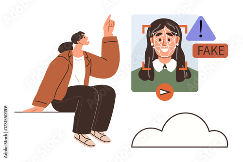 Person pointing towards face detection as fake, indicating deepfake analysis. Red warning with cloud storage visual. Ideal for AI technology, cybersecurity, identity protection, privacy, future tech