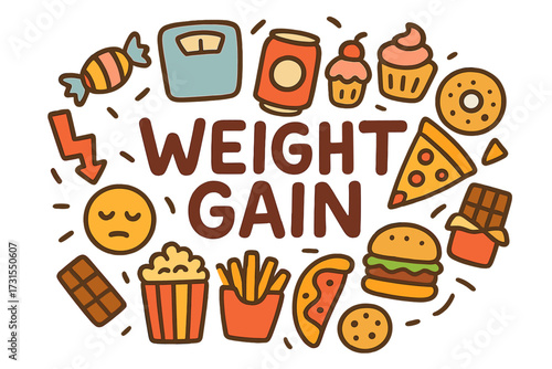 Junk Food Doodle. Weight Gain. Hand-drawn doodle illustration of Weight Gain. Weighing scale, candy, soda can,