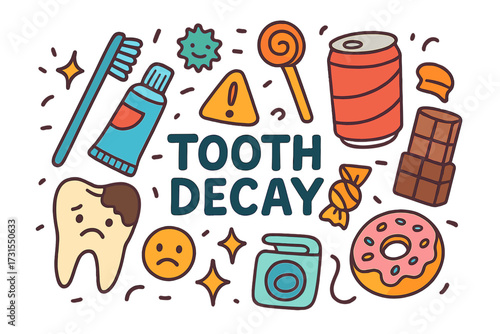 Tooth Decay Doodles. Tooth Decay. Hand-drawn doodle illustration of Tooth Decay. Tooth with cavity, toothbrush