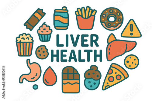 Liver Health Doodle. Liver Health. Hand-drawn doodle illustration of Liver Health. Liver icon, candy bar, soda