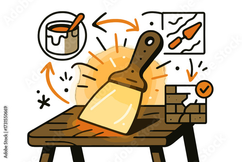 Glowing Putty Knife. Putty knife tool. A glowing putty knife resting on a workbench with floating icons of