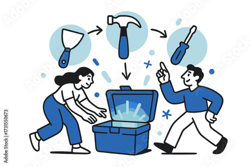 Toolbox Repair Icons. Toolbox essentials. A glowing toolbox open with putty knife, hammer, and screwdriver