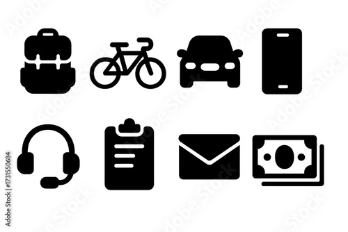 Gig Worker Tools. Gig worker tools. Filled icon set of Gig worker tools: backpack, bicycle, car, smartphone,