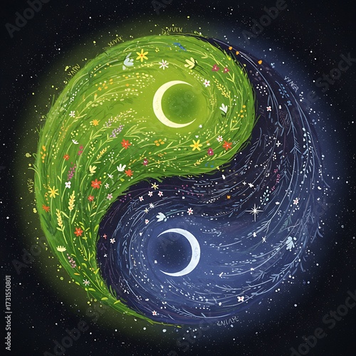 A Yin Yang with the Yin side being a vibrant, green meadow (wood element) filled with flowers and life. The Yang side is a deep, dark night sky (water element) with a crescent moon and stars. 
